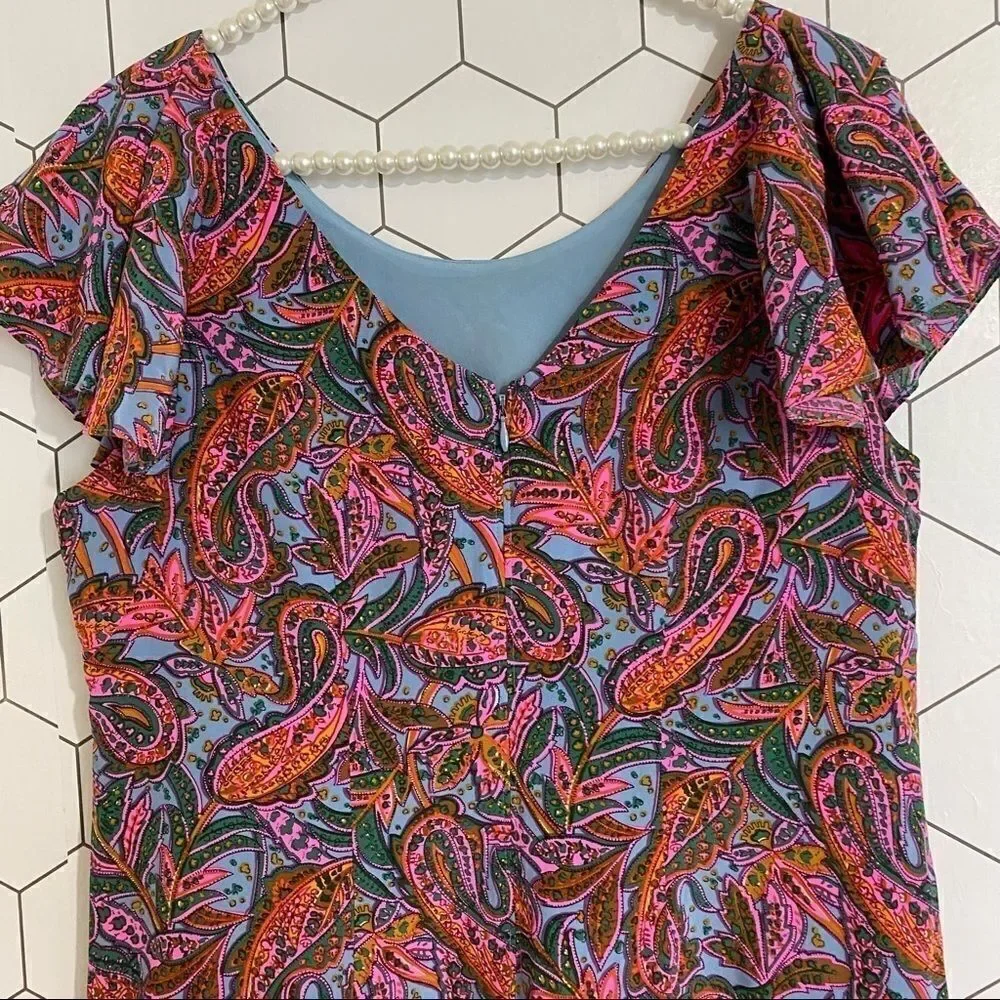 J. Crew Paisley Print Neon Silk Ruffle Hem Flutter Sleeve Dress SIZE 6